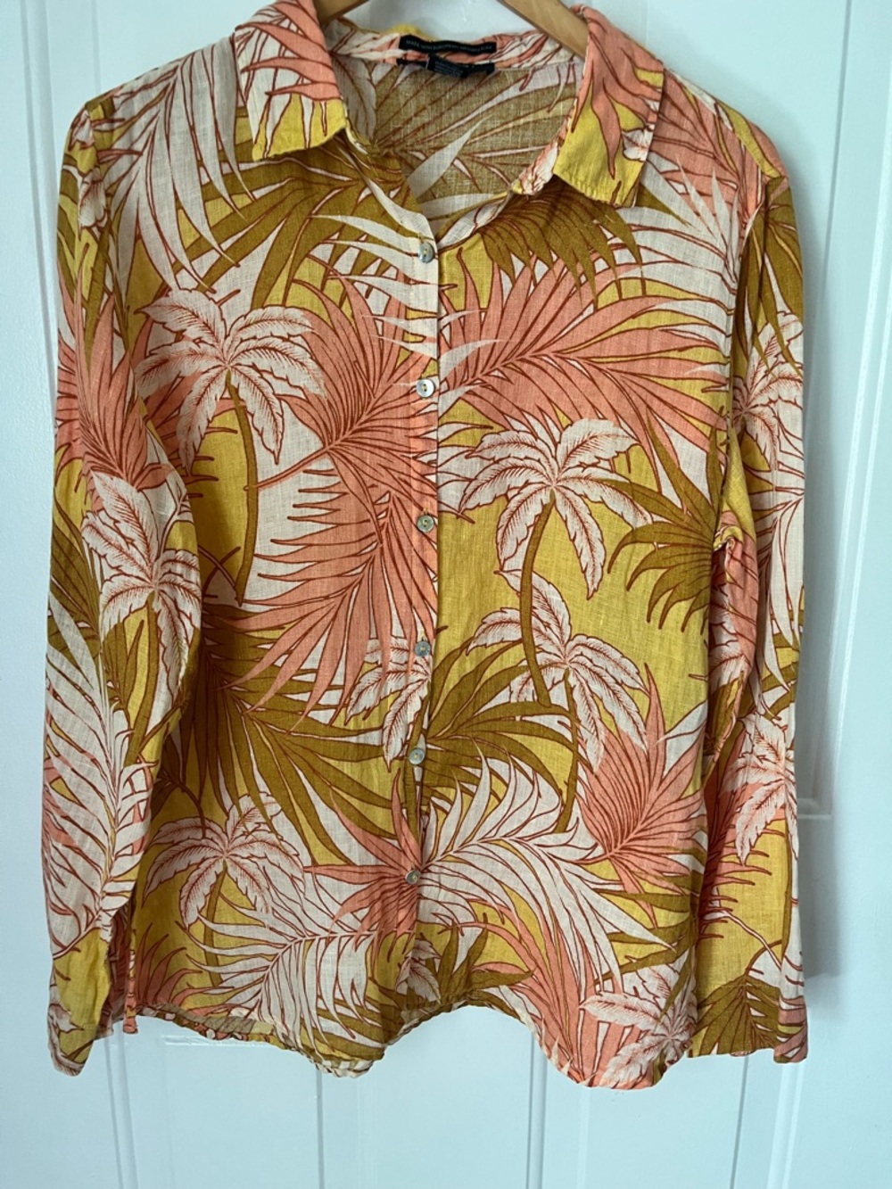 Tahari 100% Linen Button Down Tropical Hawaiian Shirt Sz M Long Sleeve Light